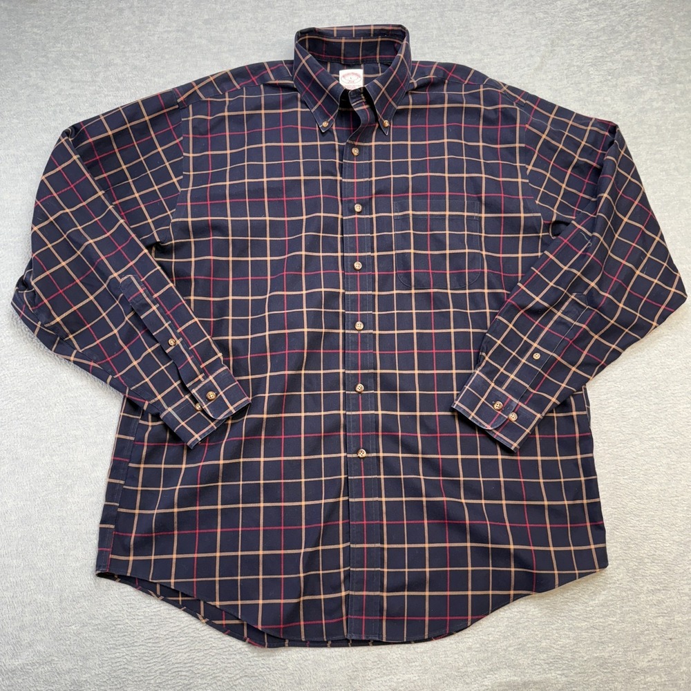 Brooks Brothers Shirt Mens Large Dark Navy Windowpane Plaid 345 Button Down